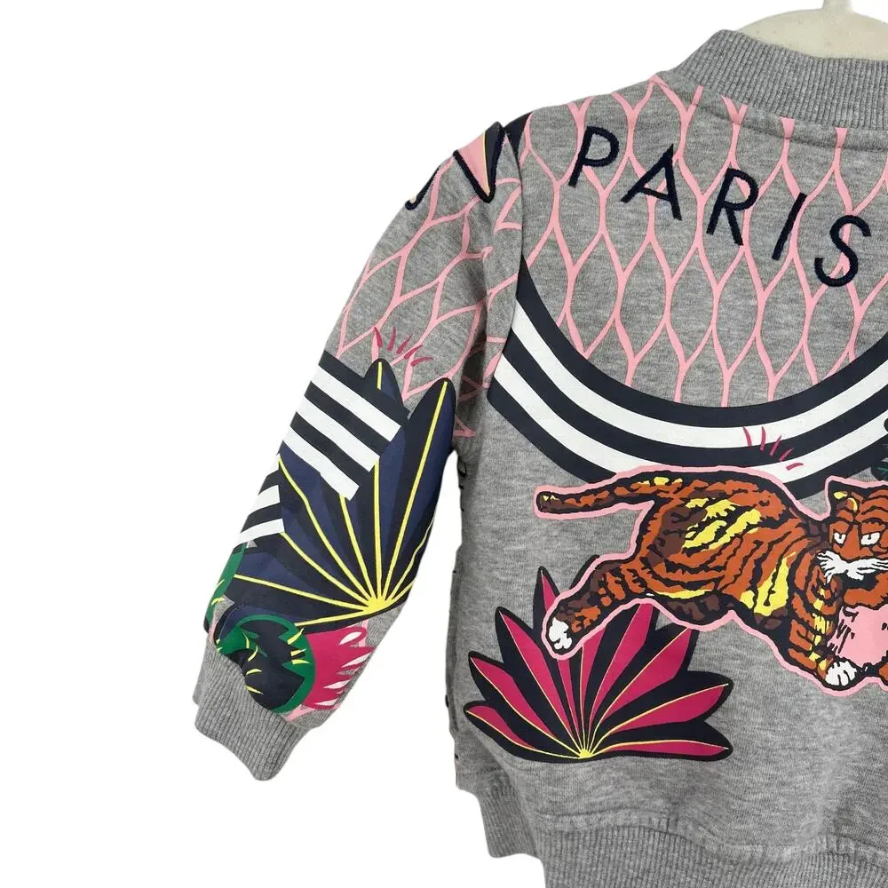 Kenzo Paris Kids Zip-Up‎ Jacket Sweatshirt Tiger Print Embroidered Gray Size 18M